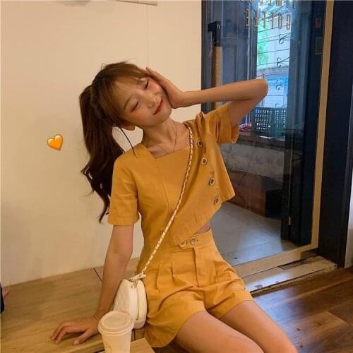 Summer Korean short-sleeved square collar shirt tops women high waist loose wild wide-leg shorts suit two-piece suit