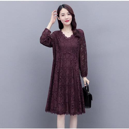 2021 Mom Autumn Winter Dress Womens Dress Middle-aged Plus Thick Warm Lace Loose Dresses for Women Mid-length Dress M-5XL Y422
