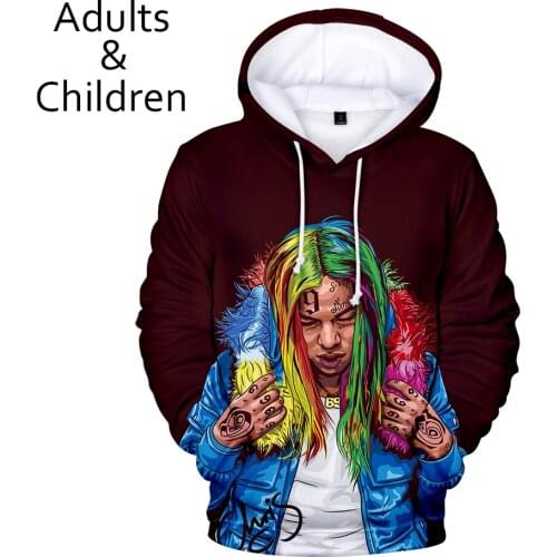 Fashion boys girls 3D Hoodies Men 6IX9INE Sweatshirts Men Women Autumne Kids Hooded Hot 6IX9INE 3D Hoodie casual dark redTops