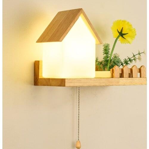 Nordic wall lamp wood house shape decoration led light Japanese living room dormitorio bedroom bedside lights for home lighting