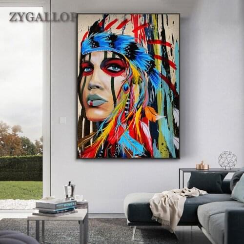 Indians Art Poster Watercolor Canvas Art Wall Painting Feather Woman Posters And Prints Wall Pictures For Living Room Wall Decor