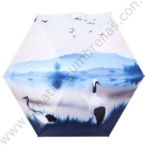 Five fold five times black coating anti-uv umbrella alloy anti-thunder fiberglass digital 3D digital print cane&forest parasol