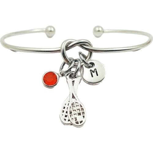 Tennis Sport Retro Creative Initial Letter Monogram Birthstone Adjustable Bracelet Fashion Jewelry Women Gift Pendant