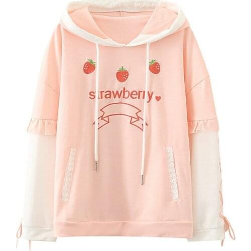 Mori Girl Style Womens Cute Strawberry Embroidery Bandage Autumn Hooded Long Sleeve Harajuku Hoodies Sweatshirts Women 2048072