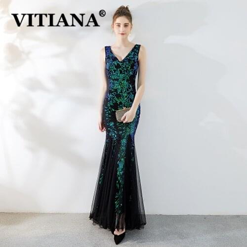 VITIANA Women Green Sexy Party Dress Female Sequined Sleeveless Deep V-Neck Elegant Dresses Femme Host Trumpet Long Vestidos