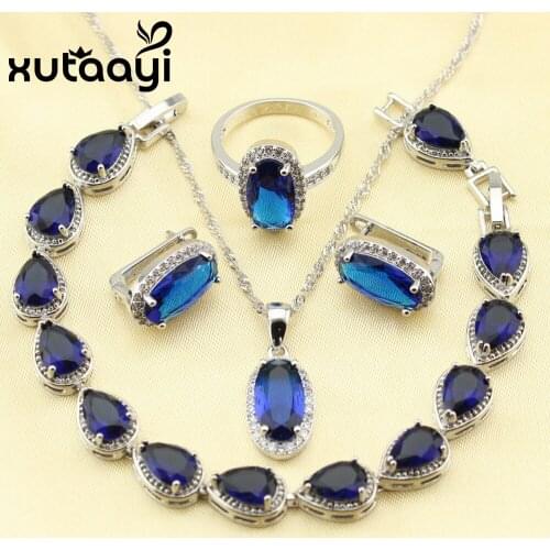 XUTAAYI Silky Blue Zircon 4PCS Jewelry Set Sterling Silver Earrings Ring Necklace Pendant Bracelet