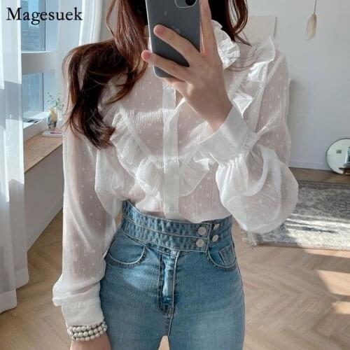 Spring New Ruffled Dots Blouse Women Vintage Single Breasted Shirt See Through Long Sleeve Chiffon Shirt Ropa De Mujer 13575