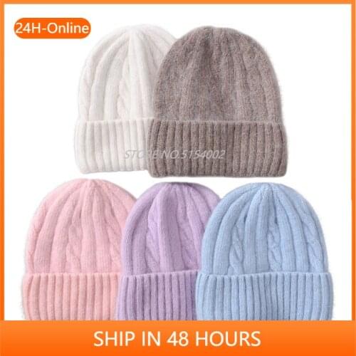 Female Cashmere Blend Winter Hat Long Fur Warm Soft Wool Knitted Hats Women Skullies Beanies Wholesale Hat