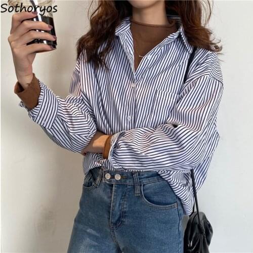 Women Shirts Spring Autumn Womens Outwear Simple Striped All-match Basic Office BF Loose Korean Fashion Ulzzang Streetwear Daily