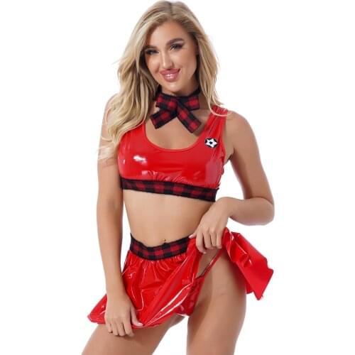 Women Fashion Patent Leather Sleeveless Crop Top With Elastic Waistband Skirt Patchwork Grid Suit Bow Tie Thong Lingerie Set