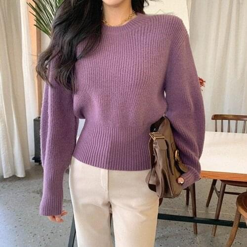 2021 Autumn Jumper Long Sleeve Womens Sweaters Vintage O-neck Knitted Pullover Women Puff Sleeve Sweater Winter Tops 17136