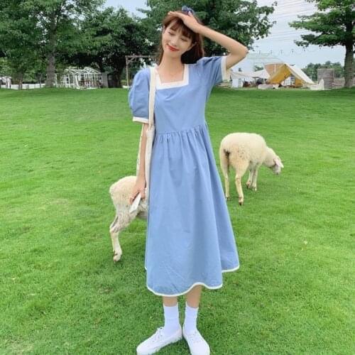 Preppy Style Puff Sleeve Patchwork loose Midi dress Summer Dresses for women High Waist Square Collar womens clothing 2021