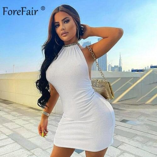 Forefair New Fashion Rib Backless Dress Beach Women Halter Neck Sleeveless Summer Off Shoulder Party Knit Bodycon Dresses Sexy