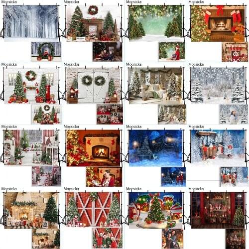 Winter Snow Tree Backdrop for Christmas Photography Retro Fireplace Photo Background Kids Adult Portrait Photoshoot Backdrop