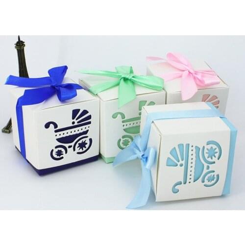 10pcs/lot Baby Shower Baby Car Birthday Parties Candy box Ribbon Favour Hollow Sweet Little Baby Cart Party Favor Gift Box