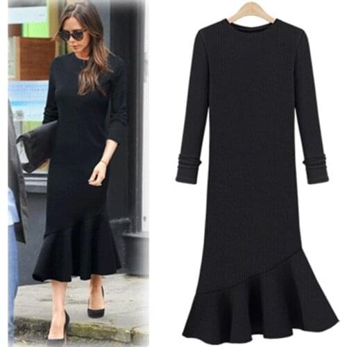 2020 Womens thick velvet Winter Trumpet Dress Spring Autumn Solid Color Elegant Fishtail Dresses BIG SIZE XS-5XL 6XL