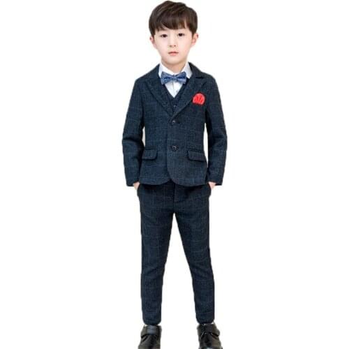 Flower Boys Wedding Suits Sets Kids School Party Piano Performance Costume Children Plaid Blazer Vest Pants 3Pcs Outfits L10