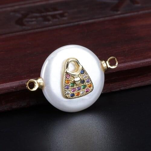 3 pcs/lot rainbow cz paved tiny handbag bag charm round pearl beads connector for bracelet necklace choker diy jewelry making
