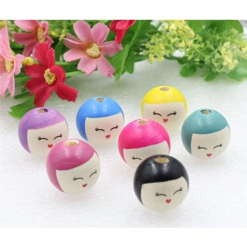 7pcs Wooden Matryoshka Cartoon Girl Head Beads For Baby DIY Pacifier Holder Clip Necklace Spacer Beads Accessory 22x24mm K06176