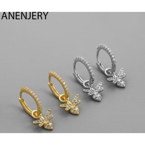 ANENJERY 925 Sterling Silver Unique Design Full Zircon Bee Pendant Hoop Earrings for Women Light Luxury Jewelry S-E1417