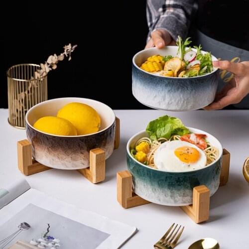 Ice Crack Bowl Ceramic Vegetables Fruit Salad Bowl With Wooden Stand Tableware