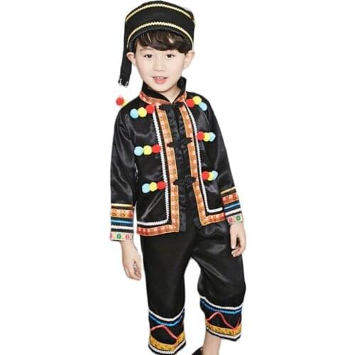 Children Miao Costumes Hmong Dance Clothing Mens Brown Nationality Minority Clothing