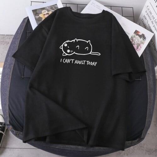 I Can't Adult Today Woman T-shirts Funny Cat High Quality Summer Lady Clothing O-neck Short Sleeve Tops 2021 K-pop Tees Female