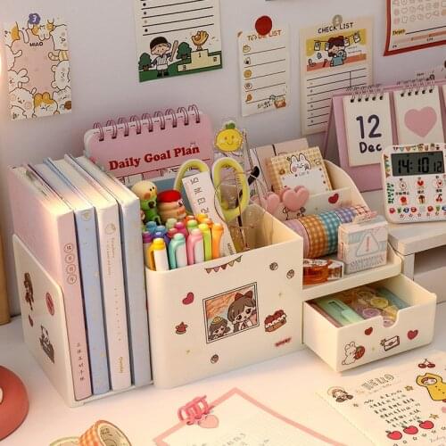 Kawaii ABS 2 In 1 Multifunctional Desktop Organizer Pen Holder Books Stand Holder Bookends Free Sticker School Stationery
