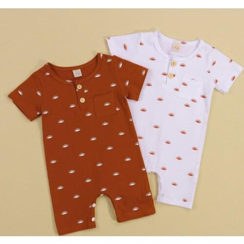 Toddler Baby Girls Boys Jumpsuit Infant Summer Sun Printing Pocket Short Sleeve Playsuits Breathable Round Collar Button Romper