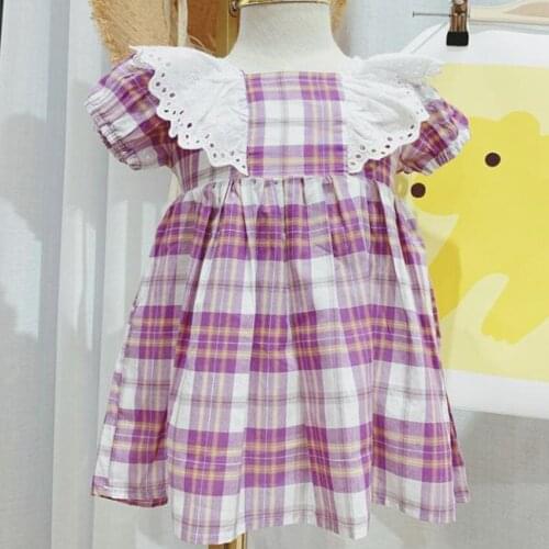 Baby girl summer plaid lolita princess dress kids puff sleeve vintage lace stitching casual dress a-line