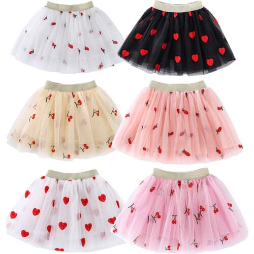 2-13Y Fashion Cute Mesh Tutu Girl Princess Skirt Summer Chlidren Embroidery Flower Skirts Kids Cherry Faldas Dance Party Clothes