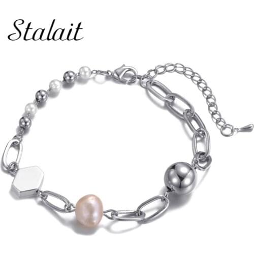 Trendy Natural Pearl Bracelets Metal Balls Hexagon Beads Cable Chain Link Bracelet Designer Bling Charms For Bracelets