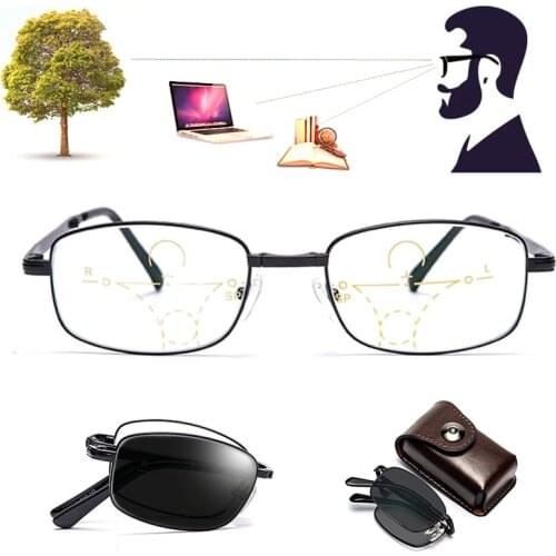 Mens Portable Photochromic Reading Glasses Progressive Multifocal Folding Presbyopia Eyeglasses with Diopter Far0 Near 1.5 2.5