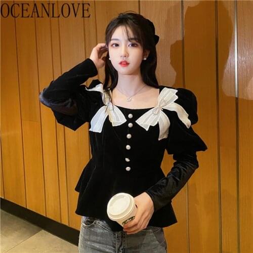 OCEANLOVE Velvet Shirts Bow 2021 Spring Vintage Tops Square Neck Women Blouses Korean Style Long Sleeve Blusas Elegant 19978