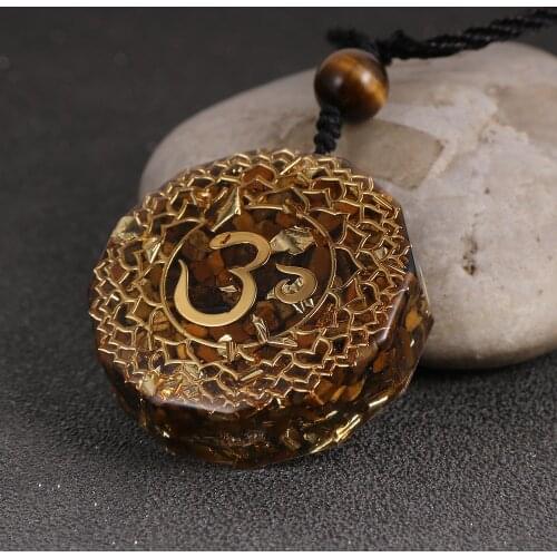 Natural Stone Tiger Eye Chips Gravel OM Charm Oronge Necklace Yoga Healing Reiki Energy Orgonite Pendant Epoxy Pendulum Jewelry