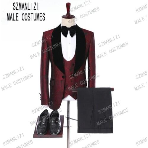 Drop Shipping Black Velvet Lapel Burgundy Leaves Men Suits Tuxedos Custome Homme Terno Masculino Slim Fit Wedding Groom Blazer