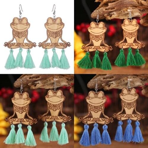 Free Shipping Yoga Meditation Wood Frog Triple Tassel Dangle Earrings for Women 2021 New Creative Halloween Animal Jewelry Gifts