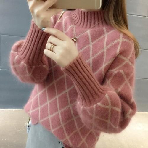 Sweater Womens Autumn Winter New Pullover Korean Short Loose Half High Collar Diamond Lattice Thickened Knitting Sweater Female