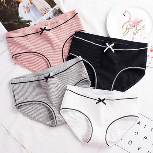 Womens Cotton Panties Cute Bow Large Size Underwear Intimate Lingerie Threaded Breathable Mid Waist Cotton Underwear
