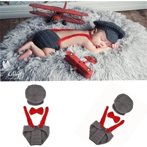 Newborn Photography Props Crocheted Baby Boy Gentleman Outfit Handmade Knitted Cap with Suspenders Diaper Infant Accessories