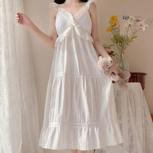 Sweet Cotton Lolita Night Dress Women Summer White Ruffle Fairy Romantic Kawaii Nightgown Bra Pads Nightdress Princess Sleepwear