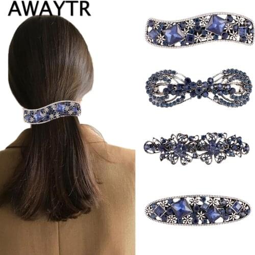 AWAYTR 2021 Hollow Alloy Flower Hairpins Ink Blue Rhinestones Hairpin Floral Butterfly Diamond for Women Spring Hair Clips