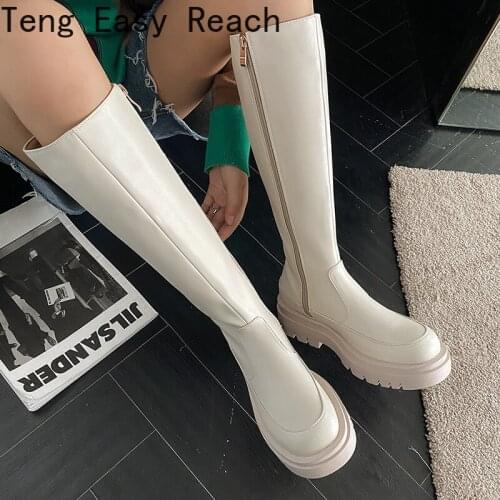 2021 New White Med Heels Knee High Boots Women Zip Thick Sole Comfort Loose Chelsea Boots Woman Autumn Platform Botas