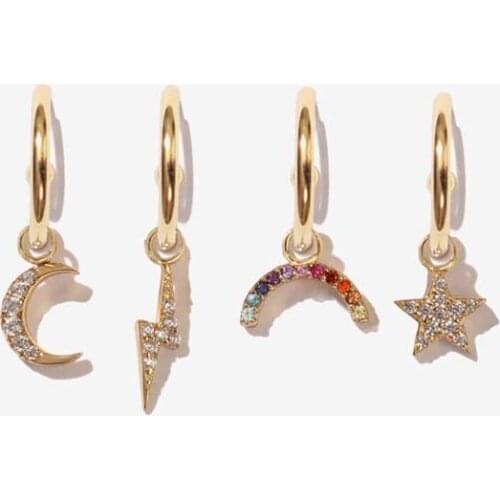 4pc/set Rainbow Gothic moon star lightning Earrings Gold Tiny Bar Earring colorful cz Jewelry Woman Cheap delicate drop Earrings