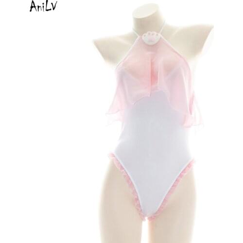 AniLV Kawaii Girl Cute Cat Paw Bodysuit Swimsuit Costume Backless Pink Ruffle One-piece Swimwear Uniform Set Pool Party Cosplay
