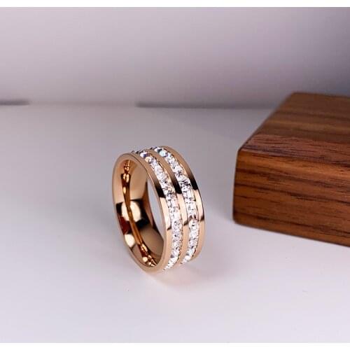 Luxury Rose Gold Color Double Row Square Zircon Stainless Steel Ring For Women Romantic Engageme Wedding Party Jewelry Female