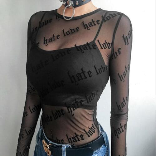 2020 Sexy Women Mesh T-Shirts See-Through Perspective Tshirt Letter Printed O Neck Transparent Long Sleeve Tops For Female