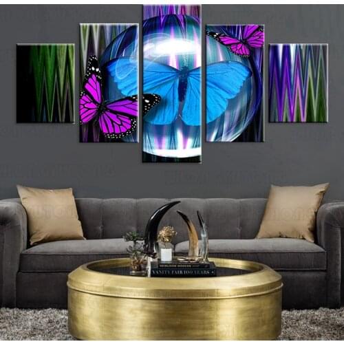 Canvas Painting Wall Art HD Prints 5 Pieces Beautiful Purple Butterflies Poster Blue Abstract Pictures Modular Living Room Decor