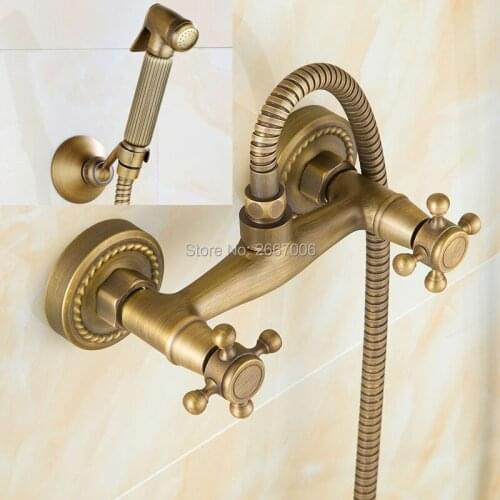 Free shipping New Arrivals Antique Bronze Bidet Faucet Dual Handle Mixer Wall Mounted Luxury Bathroom Shower Faucet Set GI246
