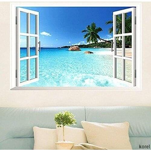 Large Removable Beach Sea 3D Window Decal WALL STICKER Home Decor Exotic Beach View Art Wallpaper Mural